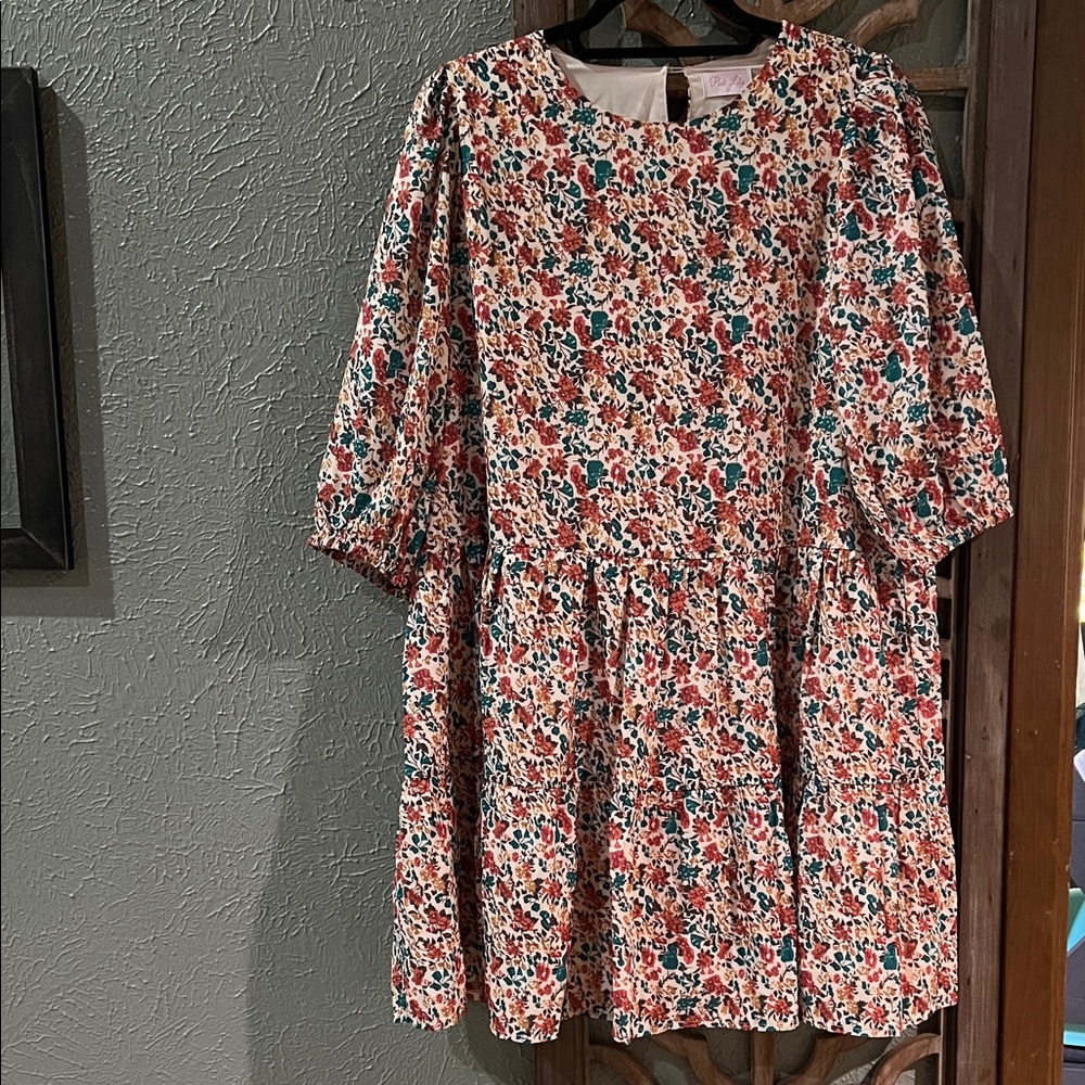 Pink Lily Floral Tiered Dress in White with Red & Teal Accents